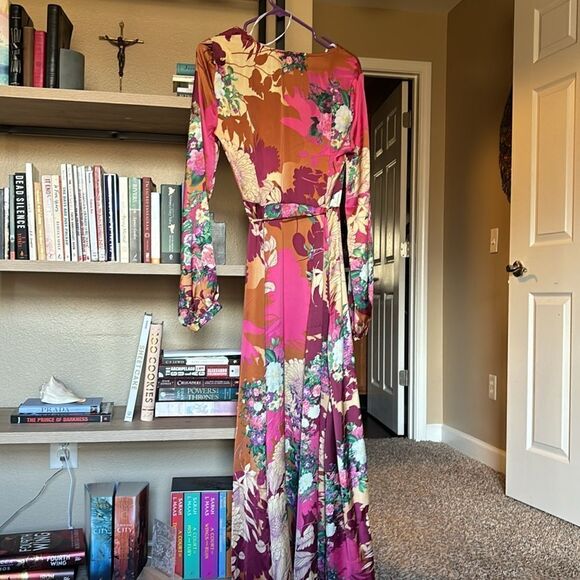 Lulu’s Put on a Smile Burgundy Floral Print Satin Wrap Maxi Dress, size S. - Picture 10 of 10